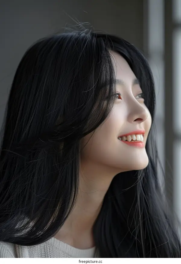 A beautiful Asian woman with long black hair smiling
