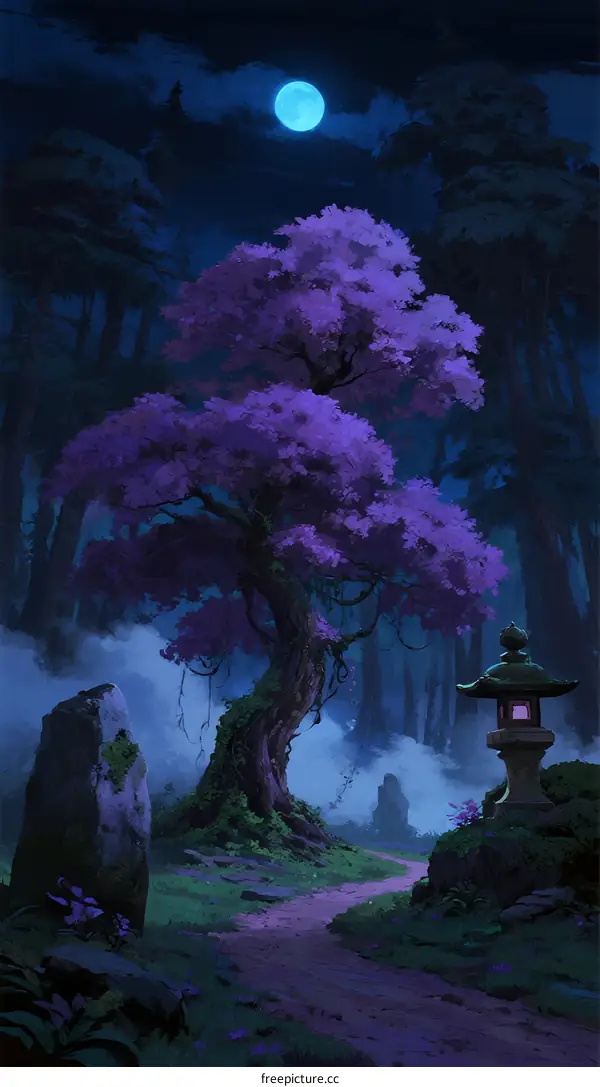 Mysterious Night Scene with Purple Blossom Tree and Stone Path