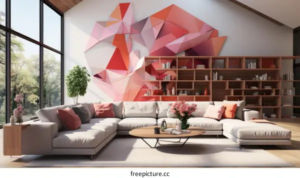 Modern Living Room Interior with Geometric Wall Art in Pink and White