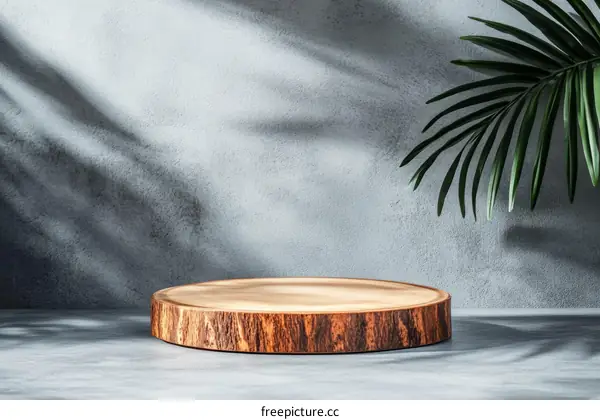 Wooden Display Stand with Shadow and Palm Leaf