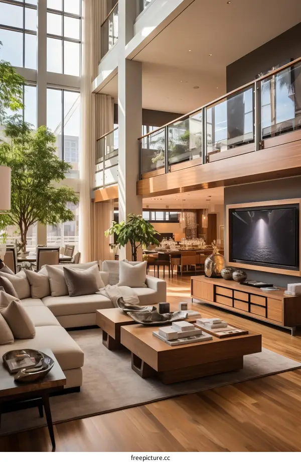 Modern luxury living room interior design with large windows and high ceilings