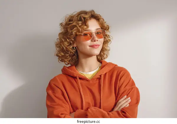 Young woman with curly hair wearing orange hoodie and sunglasses