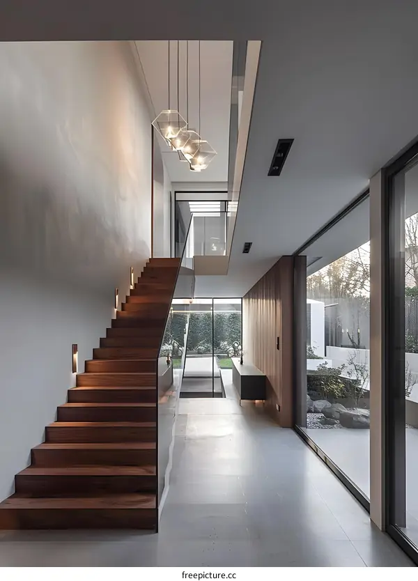Modern Interior Design with Glass Railing and Wooden Stairs