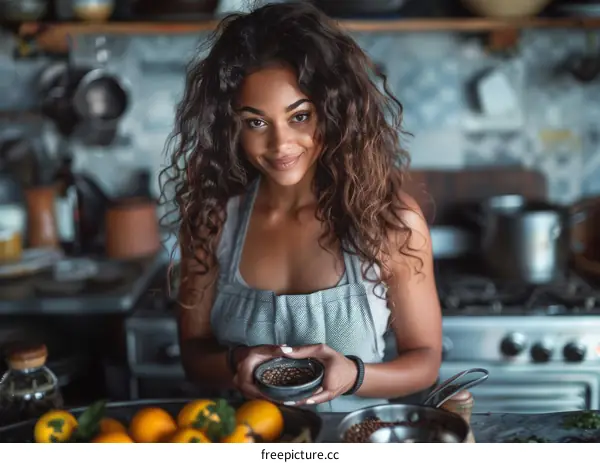 Portrait of a young woman of African descent in a kitchen