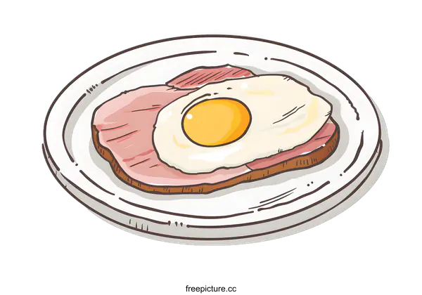 [Transparent Background PNG]Hand Drawn Illustration of Fried Egg with Ham on a Plate