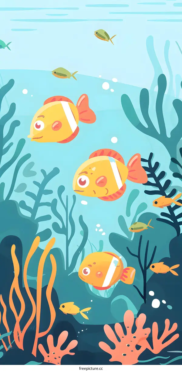 Cartoon Illustration of Tropical Fish in Coral Reef