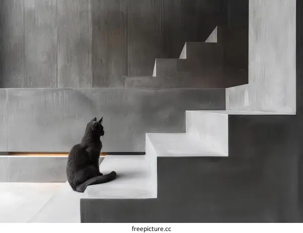 Black Cat Sitting on Concrete Steps