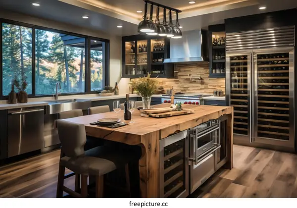 kitchen island with seating and wine storage