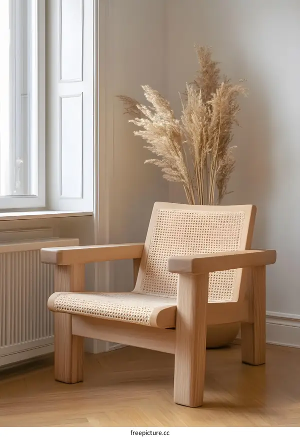 Wooden Armchair with Cane Seat and Pampas Grass