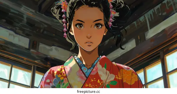 portrait of a young woman in a red kimono