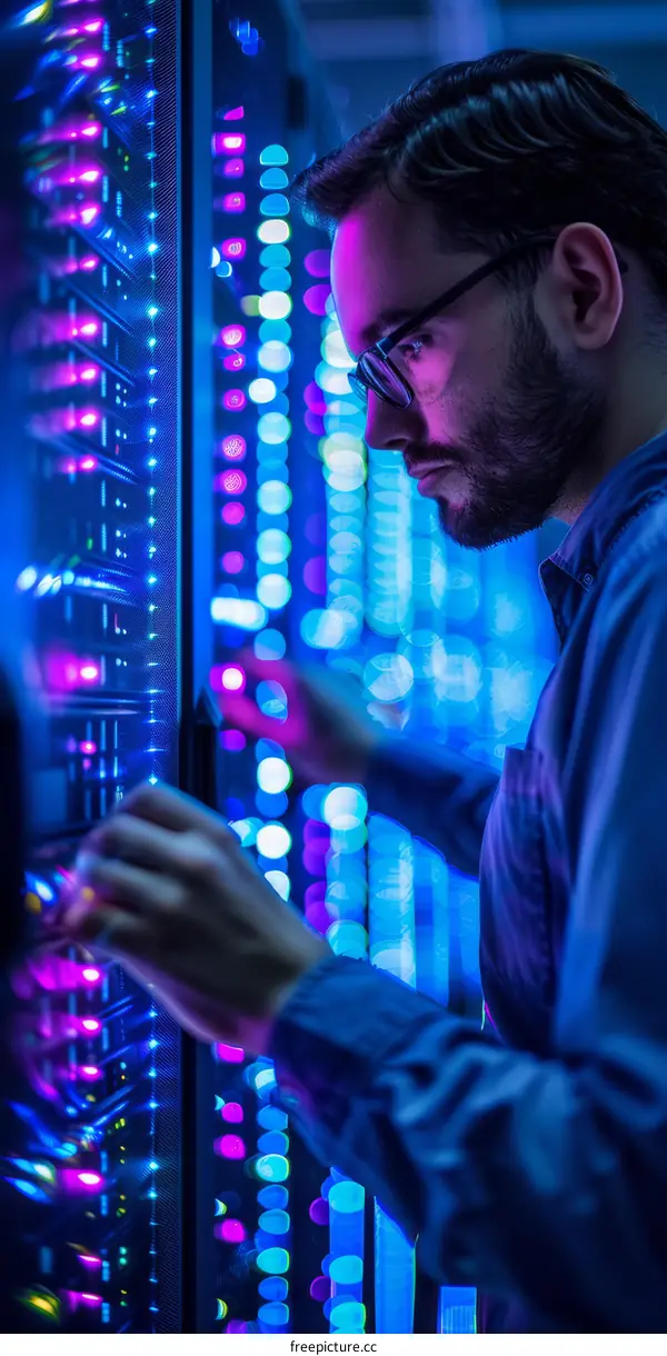 Male IT specialist working on a server in a data center