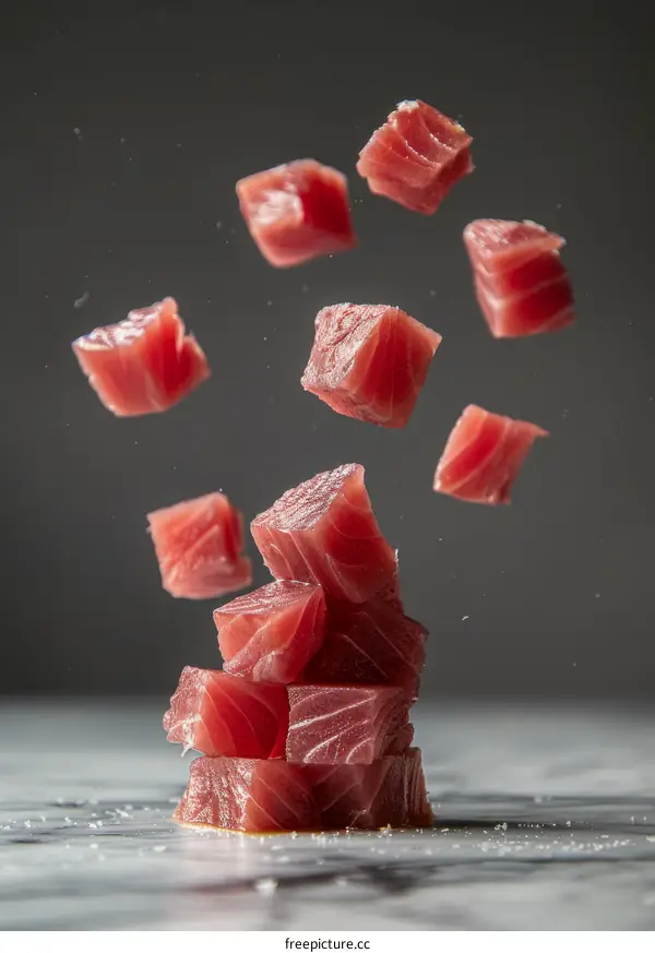 Flying stack of tuna sashimi