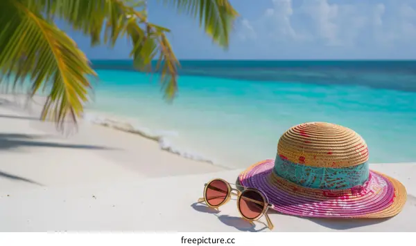 Beach holiday concept with hat and sunglasses