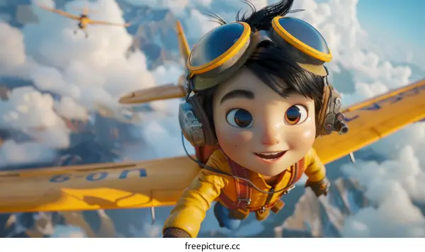 A boy flying on a plane in the sky