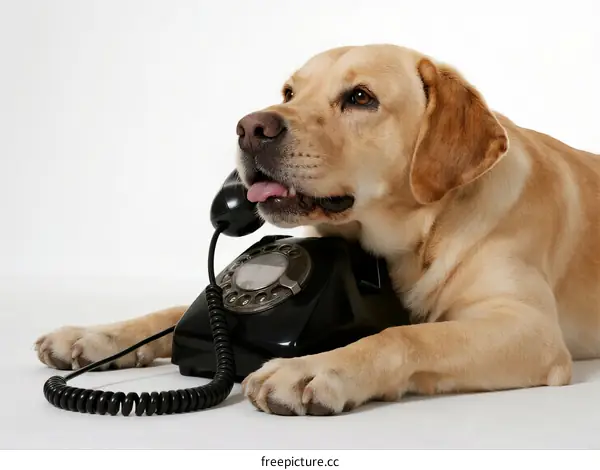 A golden retriever lying next to an old-fashioned rotary phone
