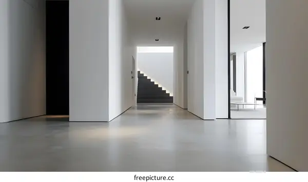 Minimalist Modern Home Interior Hallway with White Walls and Black Stairs