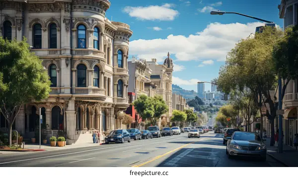 A wide tree lined street with old buildings in the background