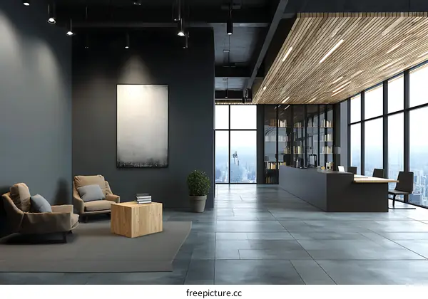 Modern Industrial Office Lounge Area with City View