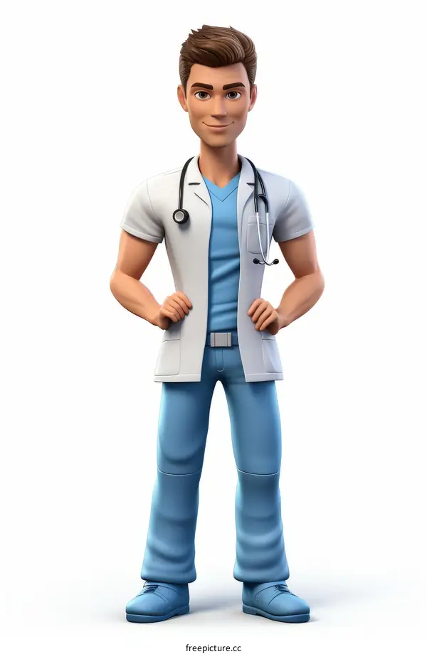 Illustration of a male doctor in a white coat and blue scrubs