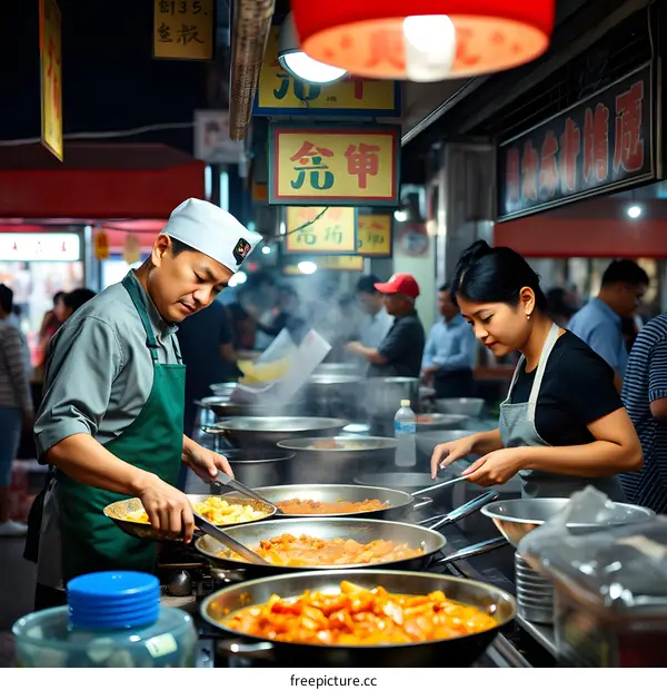 Asian Chefs Cooking Food in a Busy Night Market