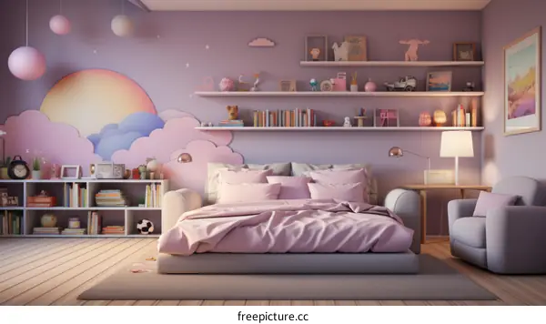 A cozy bedroom with a lot of pink and purple colors
