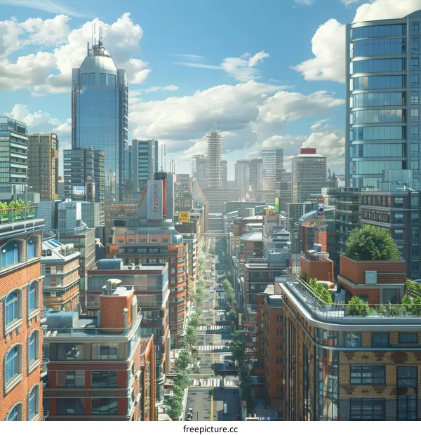 A High Angle View of a Modern City Skyline With Buildings and Trees