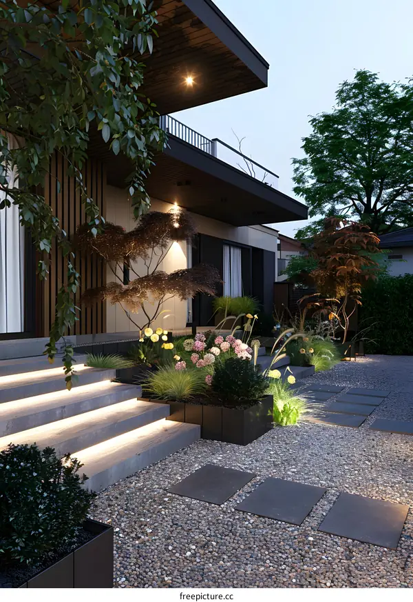 Modern House Exterior with Stone Pathway and Landscaping