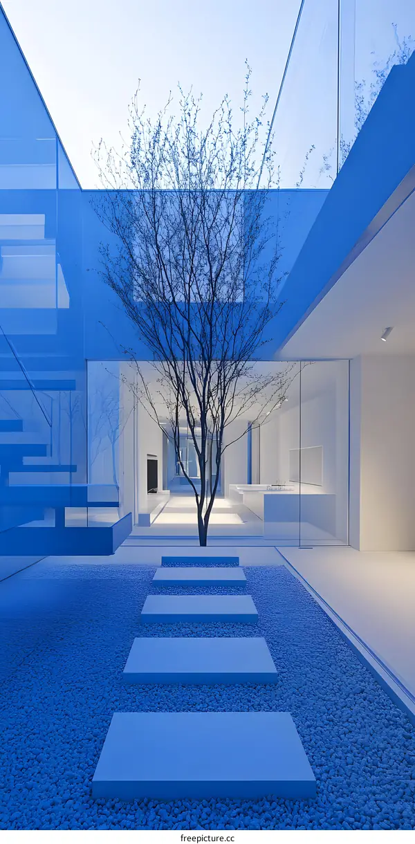 Modern Minimalist Architecture With A Small Tree And Gravel In The Courtyard
