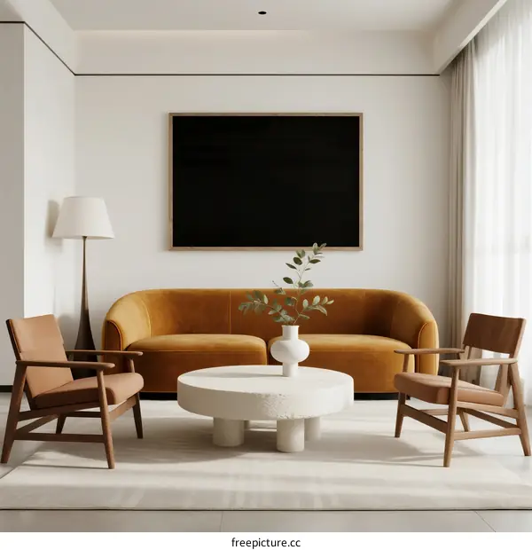 Modern living room with mustard velvet sofa and wooden armchairs