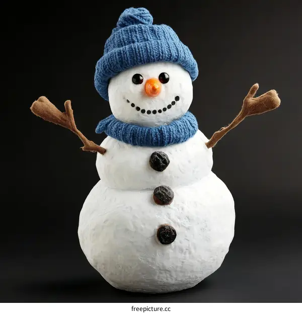 Cute Snowman with Blue Knitted Hat and Scarf