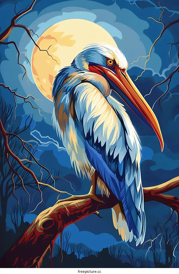 Pelican Bird Watercolor Illustration Under Full Moon