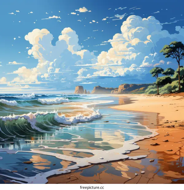 Rocky Cliffs and Rolling Waves on a Tranquil Beach