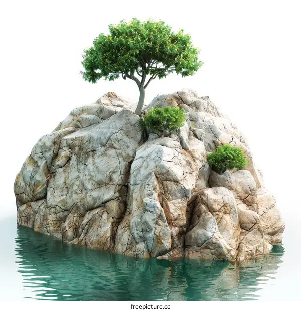 a small rocky island with a tree in the middle of the ocean