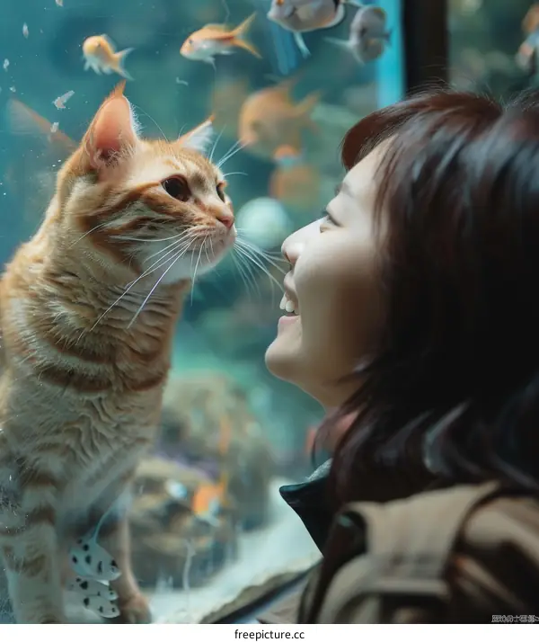 A ginger cat and a woman are looking at each other through a glass window.