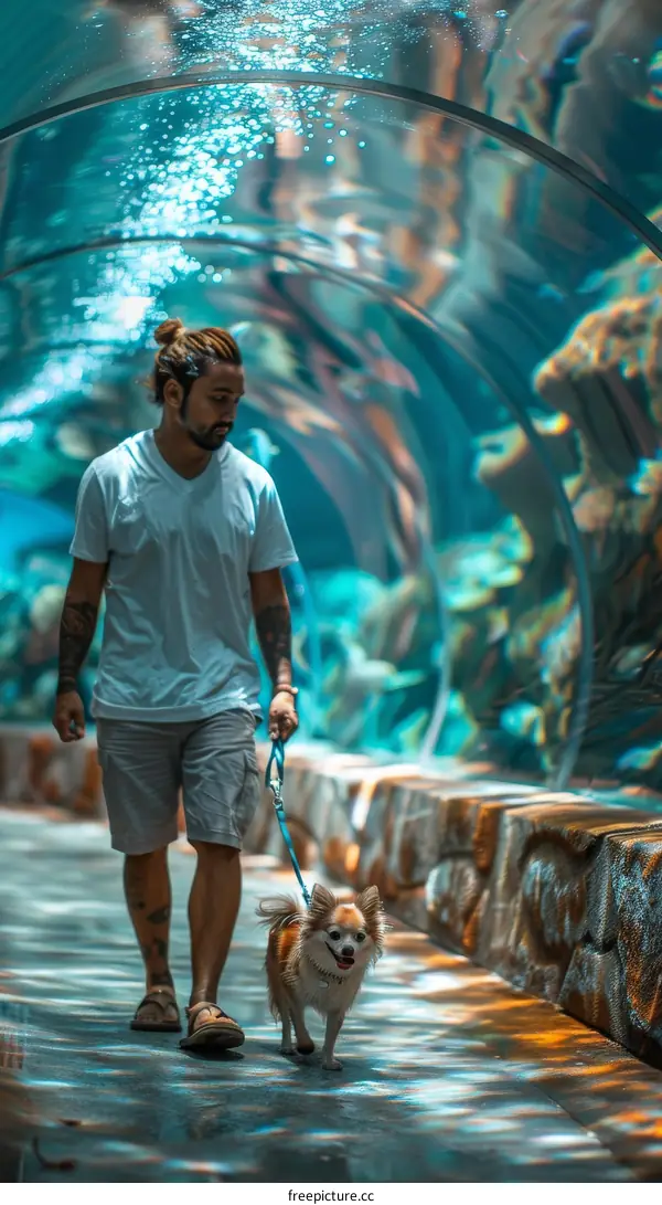 A man and his dog walk through an underwater tunnel