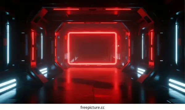 Neon Red Corridor in Futuristic Sci-Fi Spaceship Interior