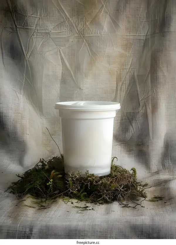 White Plastic Container on Moss Background