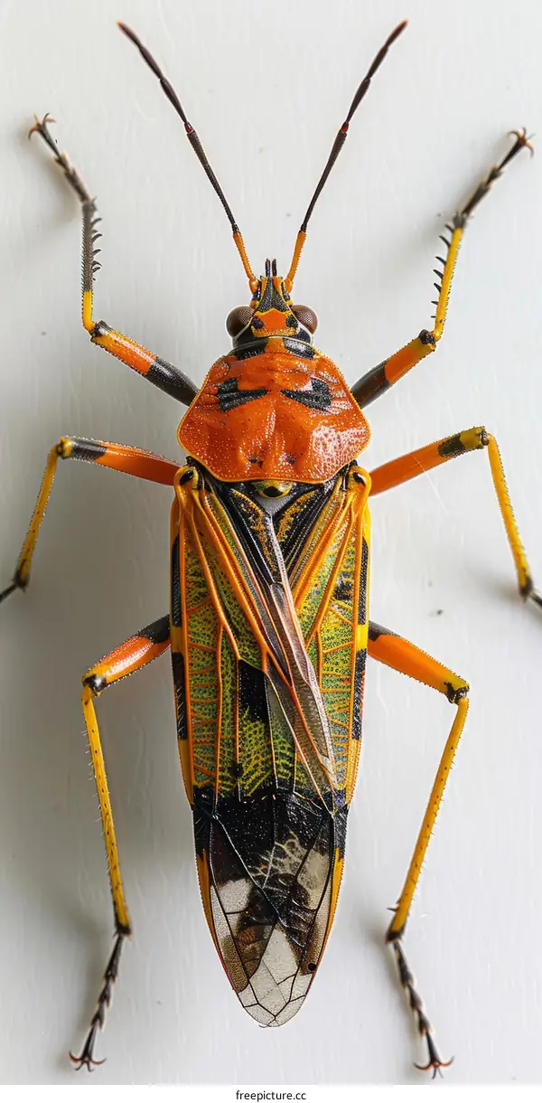 A colorful and detailed image of a red and orange assassin bug