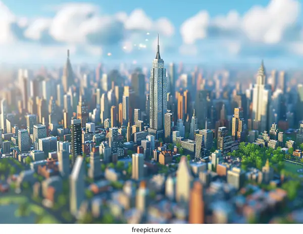 Miniature City Model with Skyscrapers and a Clear Blue Sky