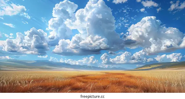 Golden Wheat Field Under a Blue Sky with Clouds