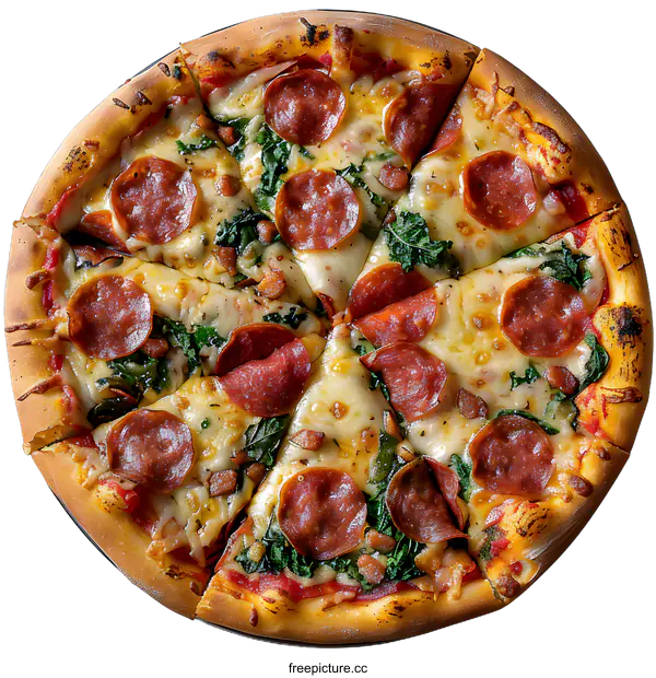 [Transparent Background PNG]A delicious pizza with pepperoni, cheese, and spinach.
