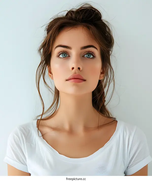portrait of a beautiful young woman with blue eyes and brown hair