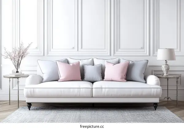 Elegant White Living Room Sofa with Pink Cushions