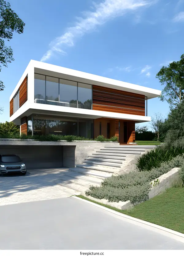 Modern House with Wooden Facade and Glass Windows