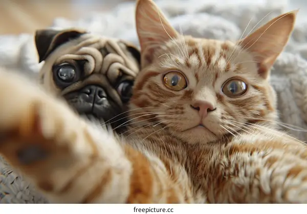 A ginger cat and a pug taking a selfie together