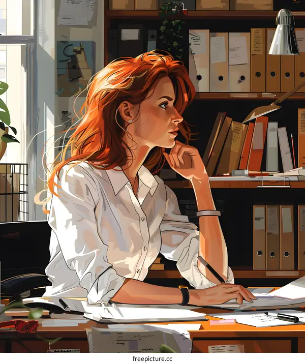 A woman in a white shirt is sitting at a desk in an office.