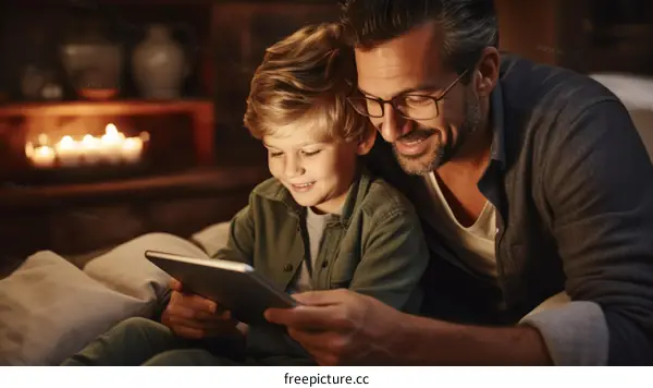 Father and son bonding over a tablet