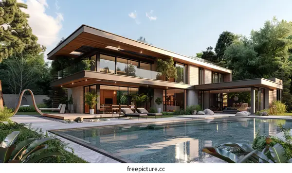 Modern luxury house with pool and garden