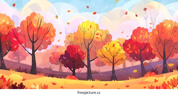 Autumn Forest with Colorful Trees and Falling Leaves
