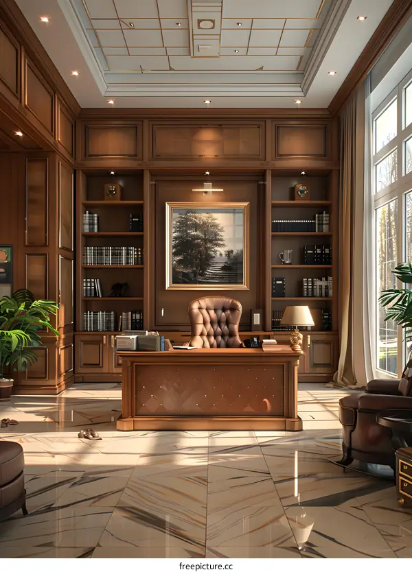 Luxurious home office with wood paneling and leather furniture